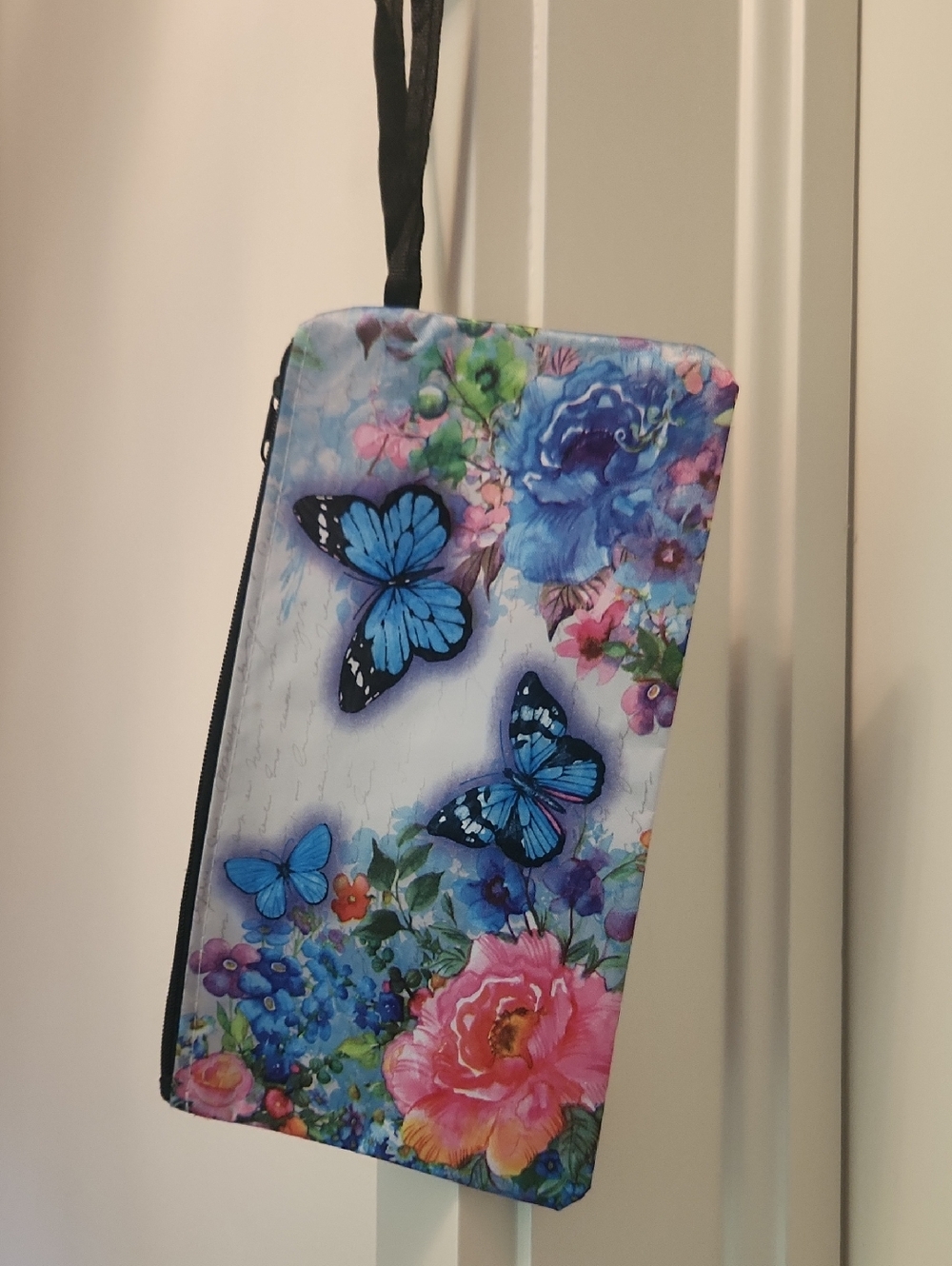 BLUE BUTTERFLY FLORAL WRISTLET WALLET, MAKE UP CASE, CLUTCH OR POUCH